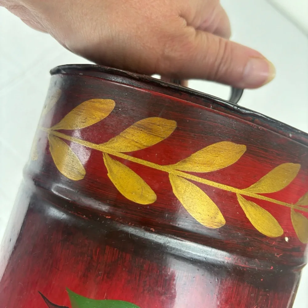 Vintage toile hand-painted tin oval box-signed-grape design